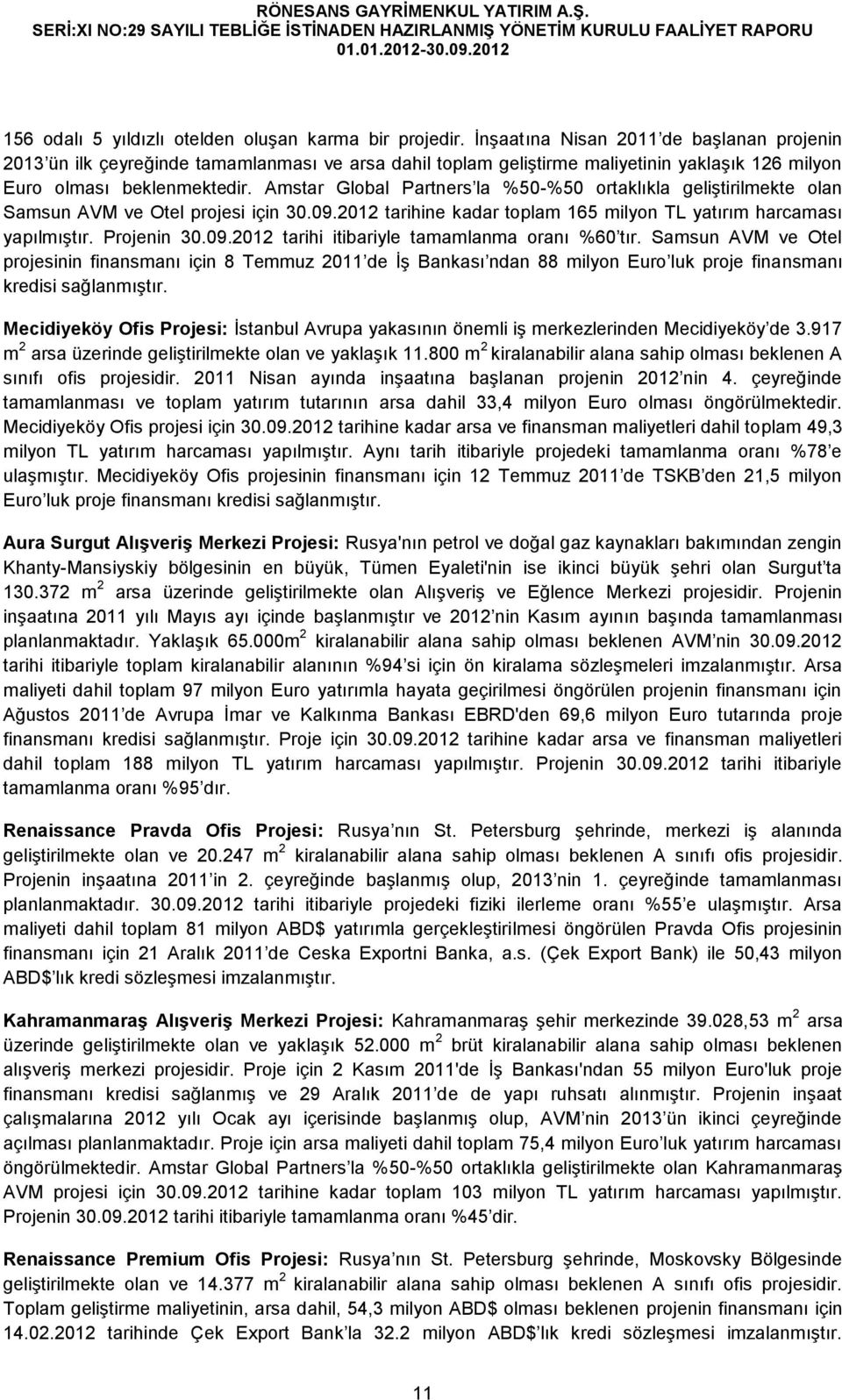 Amstar Global Partners la %50-%50 ortaklıkla geliştirilmekte olan Samsun AVM ve Otel projesi için 30.09.2012 tarihine kadar toplam 165 milyon TL yatırım harcaması yapılmıştır. Projenin 30.09.2012 tarihi itibariyle tamamlanma oranı %60 tır.