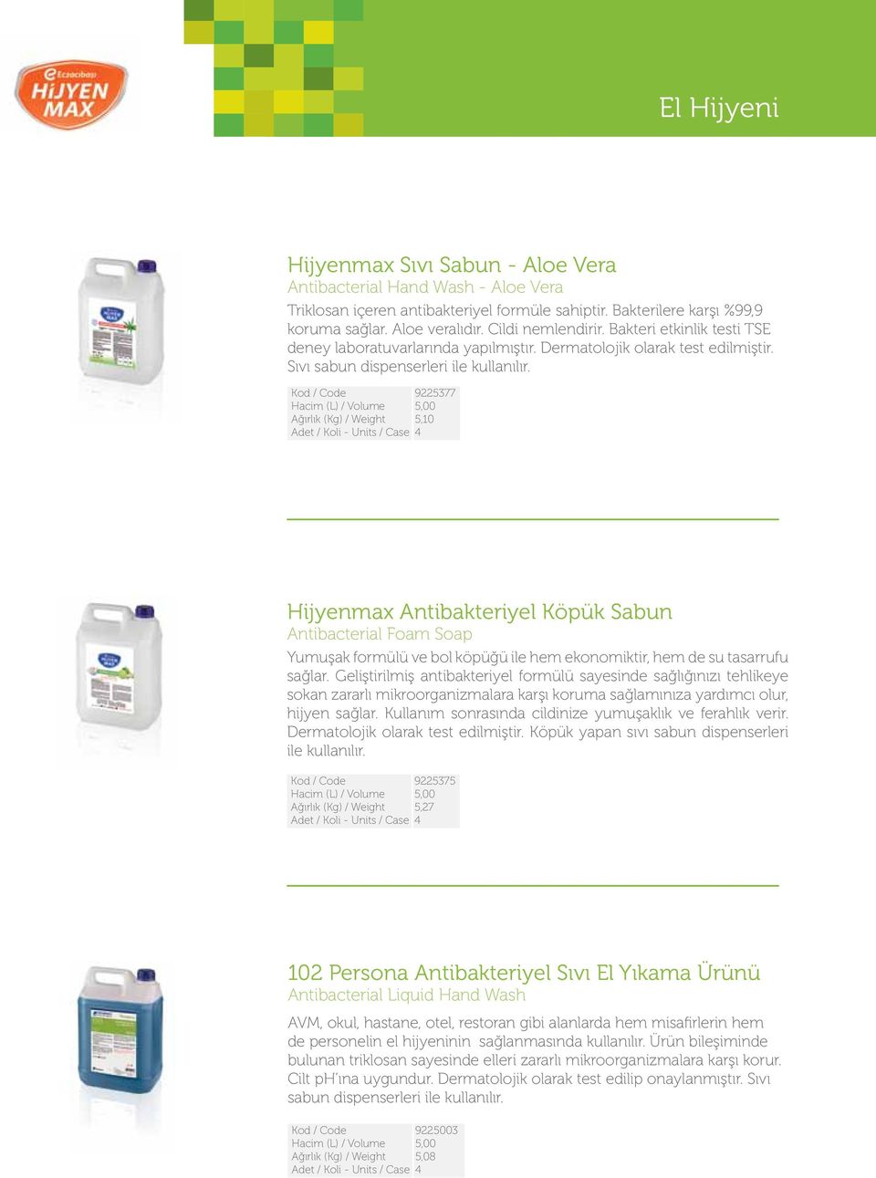 9225377 5,10 Hijyenmax Antibakteriyel Köpük Sabun Antibacterial Foam Soap Yumuşak formülü ve bol köpüğü ile hem ekonomiktir, hem de su tasarrufu sağlar.