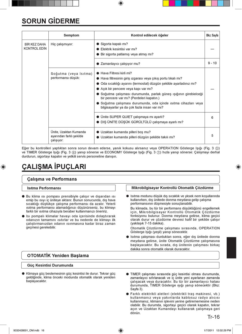 Oda sıcaklığı ayarını (termostat) düzgün şekilde ayarladınız mı? Açık bir pencere veya kapı var mı? Soğutma çalışması durumunda, parlak güneş ışığının girebielceği bir pencere var mı?