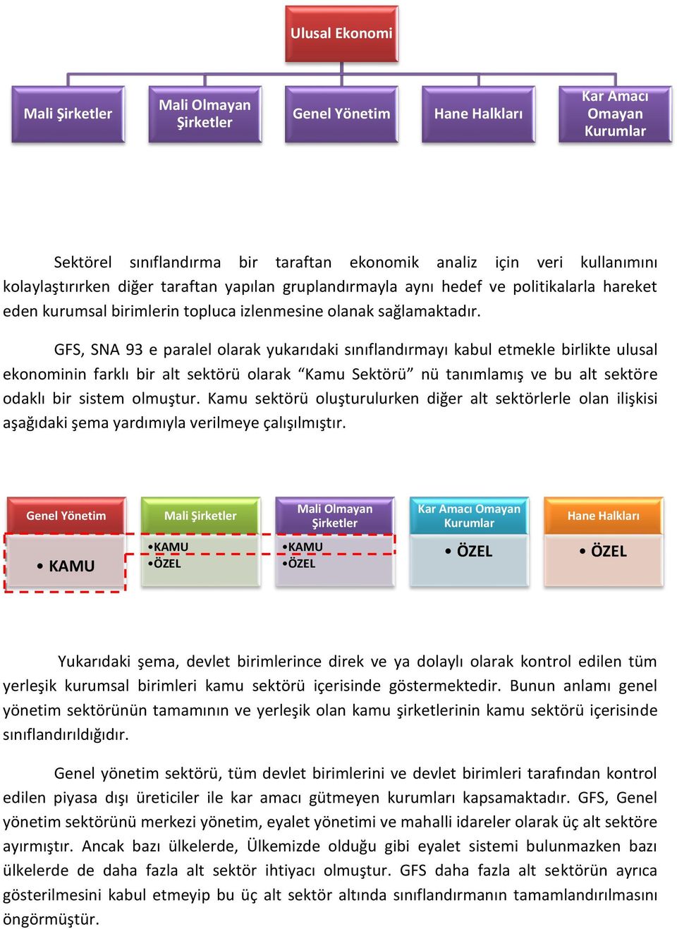 GFS, SNA 93 e paralel olarak yukarıdaki sınıflandırmayı kabul etmekle birlikte ulusal ekonominin farklı bir alt sektörü olarak Kamu Sektörü nü tanımlamış ve bu alt sektöre odaklı bir sistem olmuştur.