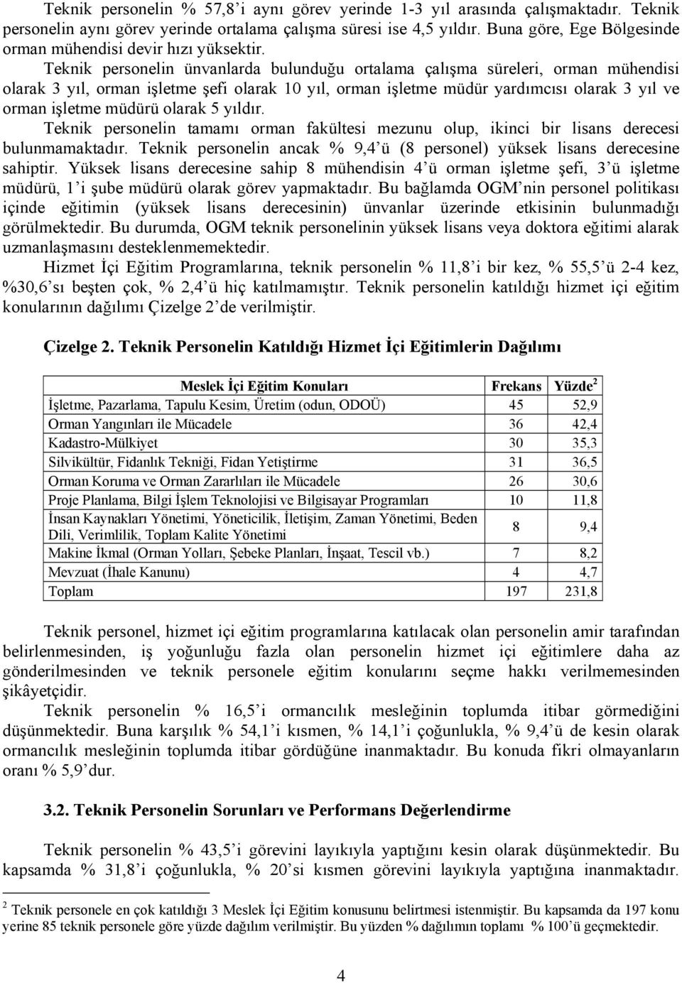 Teknik personelin ünvanlarda bulunduğu ortalama çalışma süreleri, orman mühendisi olarak 3 yıl, orman işletme şefi olarak 10 yıl, orman işletme müdür yardımcısı olarak 3 yıl ve orman işletme müdürü