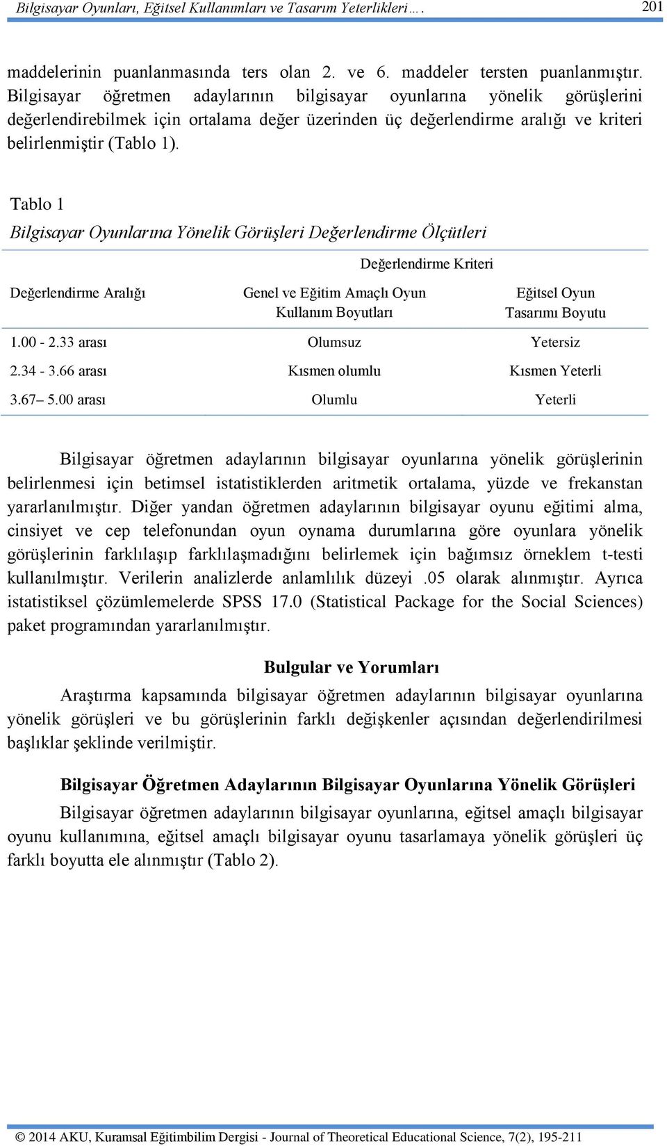 Tablo 1 Bilgisayar Oyunlarına Yönelik Görüşleri Değerlendirme Ölçütleri Değerlendirme Kriteri Değerlendirme Aralığı Genel ve Eğitim Amaçlı Oyun Kullanım Boyutları Eğitsel Oyun Tasarımı Boyutu 1.00-2.