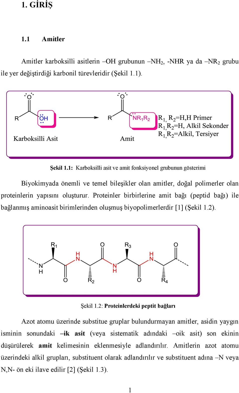 Proteinler birbirlerine amit bağı (peptid bağı) ile bağlanmış aminoasit birimlerinden oluşmuş biyopolimerlerdir [1] (Şekil 1.2). Şekil 1.