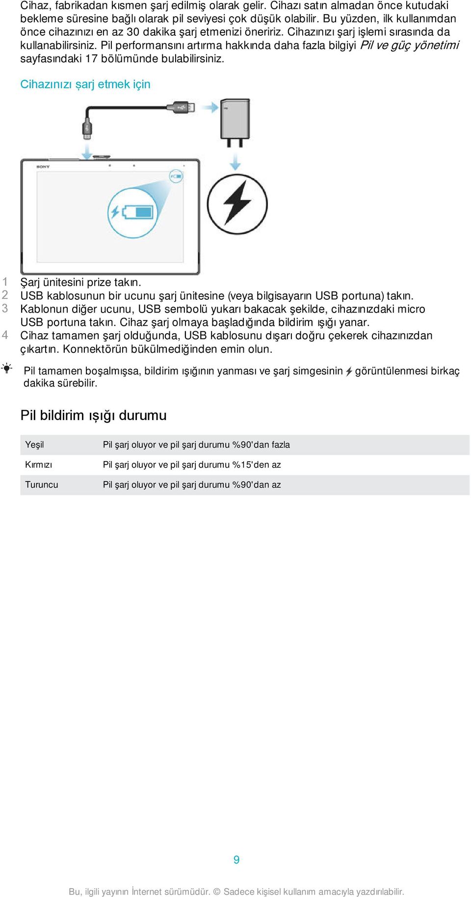 Pil performansını artırma hakkında daha fazla bilgiyi Pil ve güç yönetimi sayfasındaki 17 bölümünde bulabilirsiniz. Cihazınızı şarj etmek için 1 Şarj ünitesini prize takın.