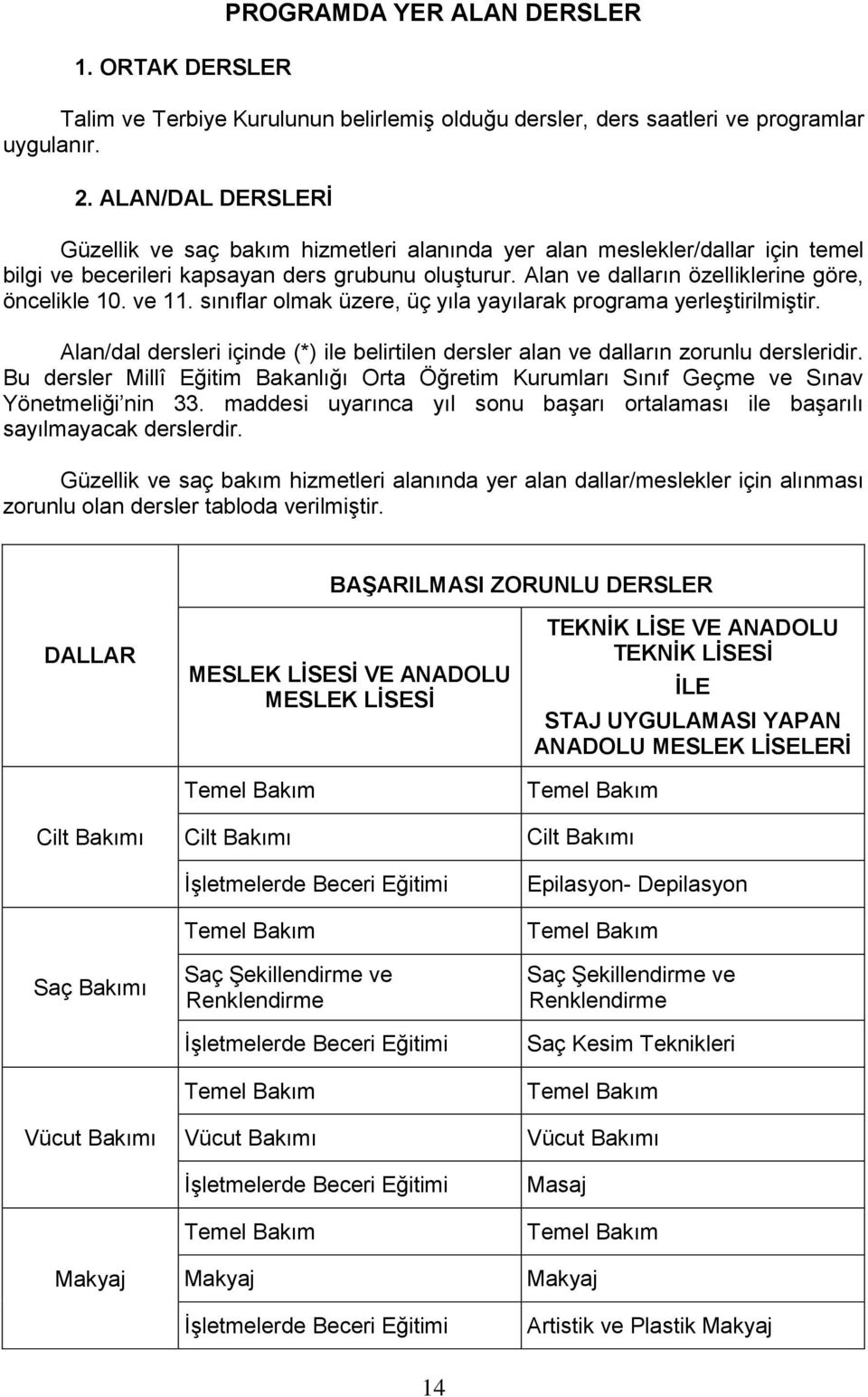 ve 11. sınıflar olmak üzere, üç yıla yayılarak programa yerleştirilmiştir. Alan/dal dersleri içinde (*) ile belirtilen dersler alan ve dalların zorunlu dersleridir.