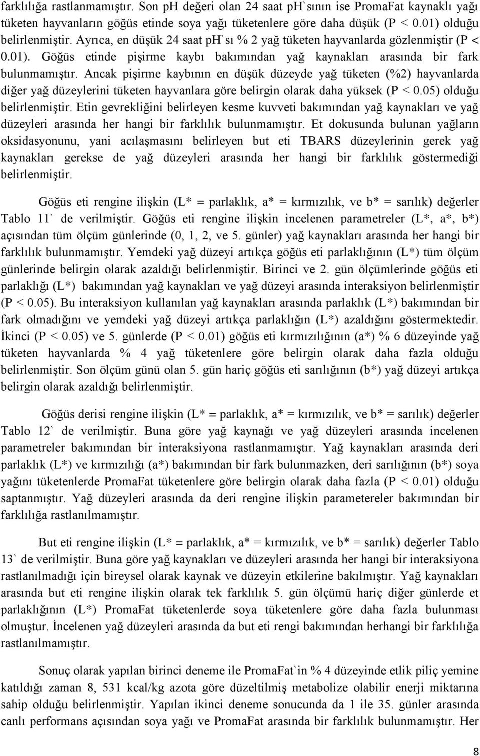 Ancak pişirme kaybının en düşük düzeyde yağ tüketen (%2) hayvanlarda diğer yağ düzeylerini tüketen hayvanlara göre belirgin olarak daha yüksek (P < 0.05) olduğu belirlenmiştir.