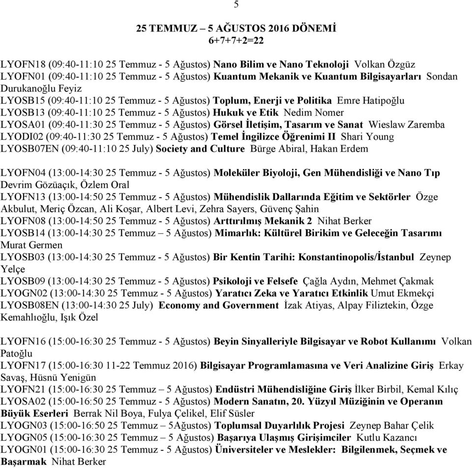 Nomer LYOSA01 (09:40-11:30 25 Temmuz - 5 Ağustos) Görsel Đletişim, Tasarım ve Sanat Wieslaw Zaremba LYODI02 (09:40-11:30 25 Temmuz - 5 Ağustos) Temel Đngilizce Öğrenimi II Shari Young LYOSB07EN