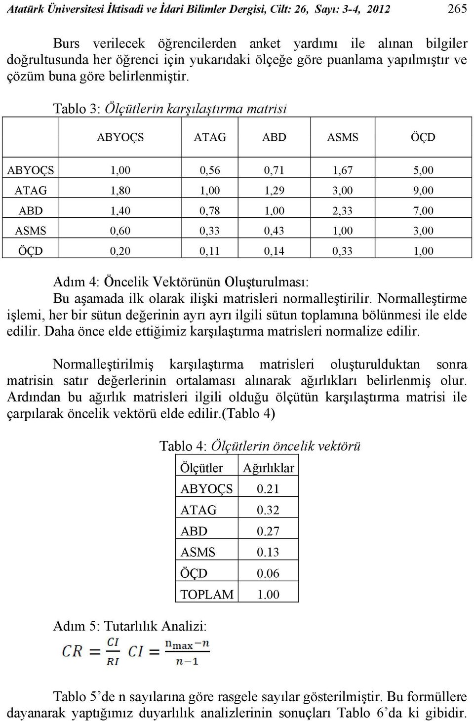 Tablo 3: Ölçütlerin karşılaştırma matrisi ABYOÇS ATAG ABD ASMS ÖÇD ABYOÇS 1,00 0,56 0,71 1,67 5,00 ATAG 1,80 1,00 1,29 3,00 9,00 ABD 1,40 0,78 1,00 2,33 7,00 ASMS 0,60 0,33 0,43 1,00 3,00 ÖÇD 0,20