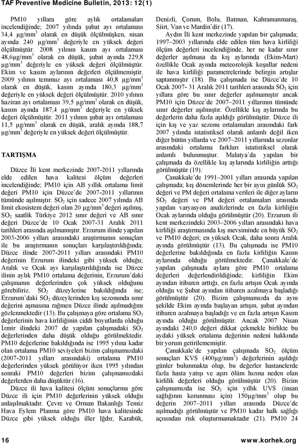 2009 yılının temmuz ayı ortalaması 40,8 µg/mm 3 olarak en düşük, kasım ayında 180,3 µg/mm 3 değeriyle en yüksek değeri ölçülmüştür.