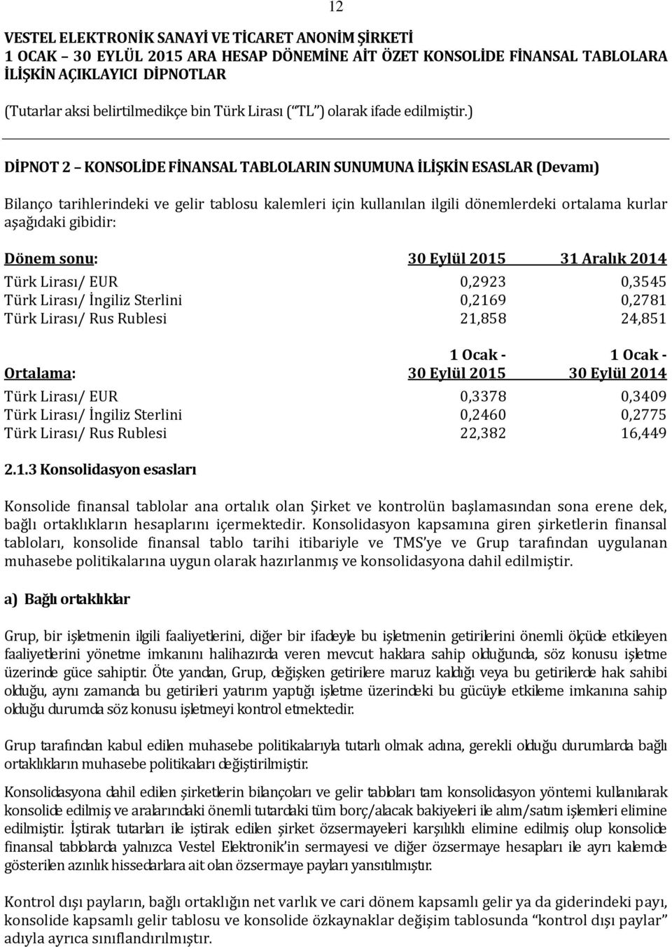 Eylül 2014 Türk Lirası/ EUR 0,3378 0,3409 Türk Lirası/ İngiliz Sterlini 0,2460 0,2775 Türk Lirası/ Rus Rublesi 22,382 16,449 2.1.3 Konsolidasyon esasları Konsolide finansal tablolar ana ortalık olan Şirket ve kontrolün başlamasından sona erene dek, bağlı ortaklıkların hesaplarını içermektedir.