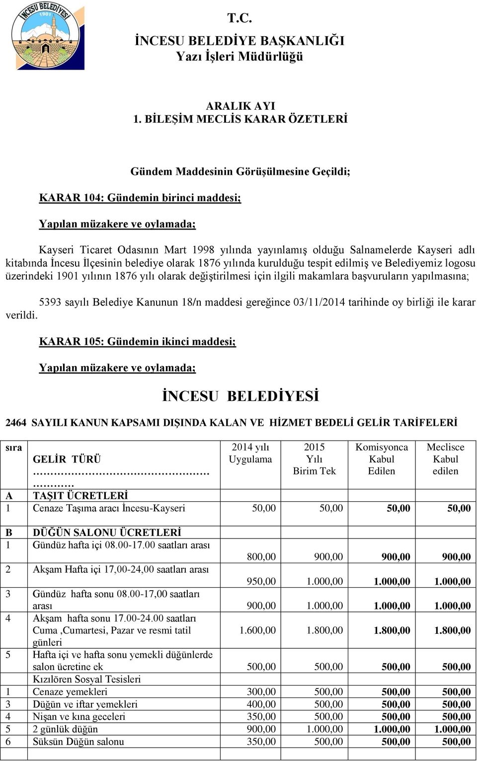 Salnamelerde Kayseri adlı kitabında İncesu İlçesinin belediye olarak 1876 yılında kurulduğu tespit edilmiş ve Belediyemiz logosu üzerindeki 1901 yılının 1876 yılı olarak değiştirilmesi için ilgili