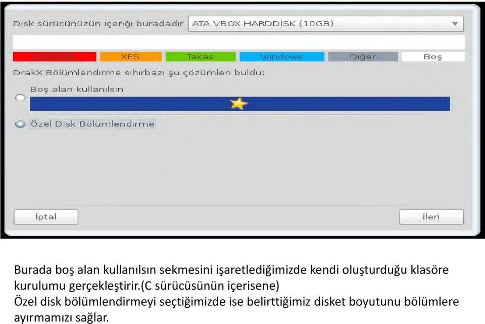 (c sürücüsünün içerisene) Özel disk bölümlendirmeyi