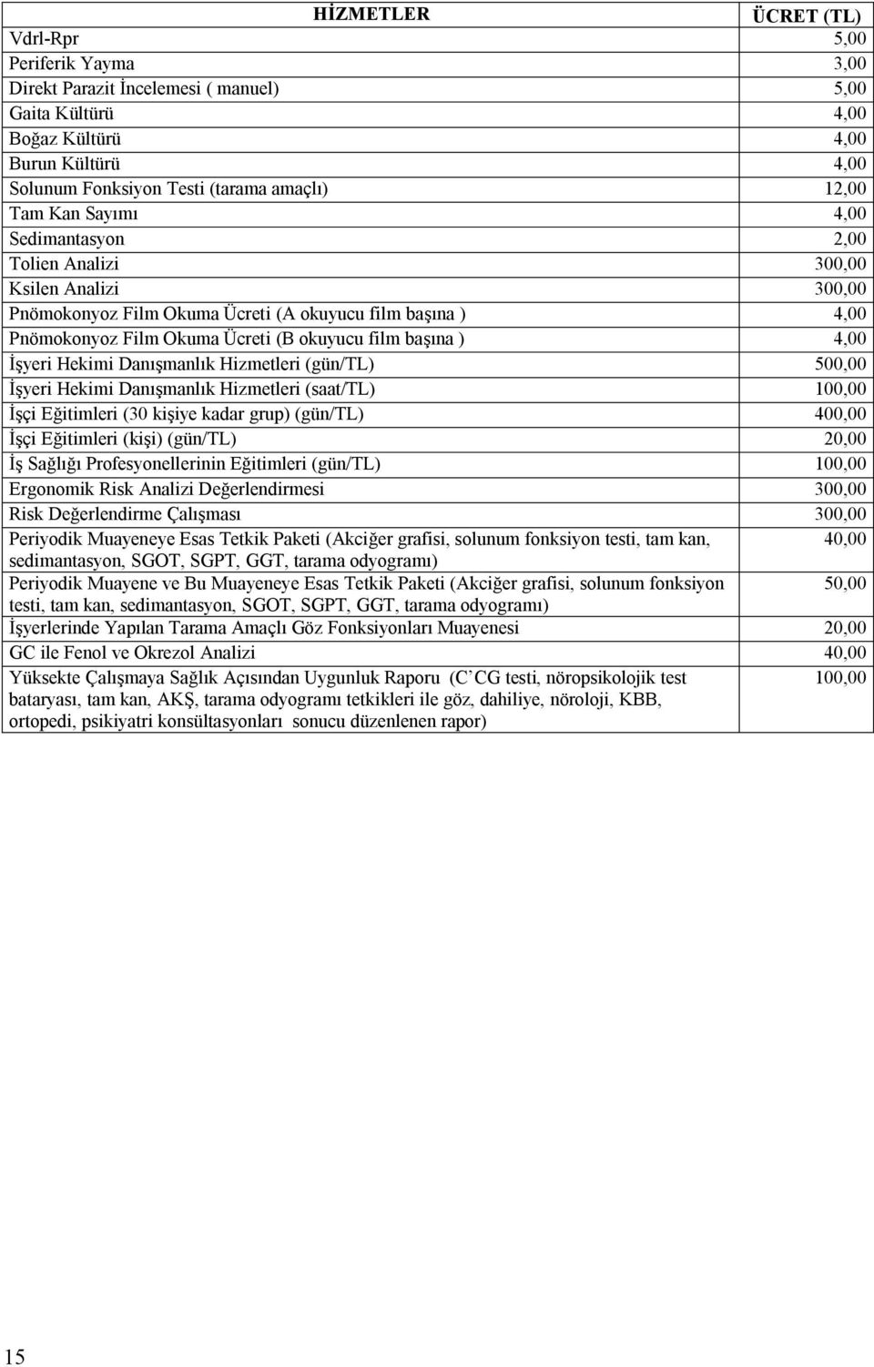 4,00 İşyeri Hekimi Danışmanlık Hizmetleri (gün/tl) 500,00 İşyeri Hekimi Danışmanlık Hizmetleri (saat/tl) 100,00 İşçi Eğitimleri (30 kişiye kadar grup) (gün/tl) 400,00 İşçi Eğitimleri (kişi) (gün/tl)