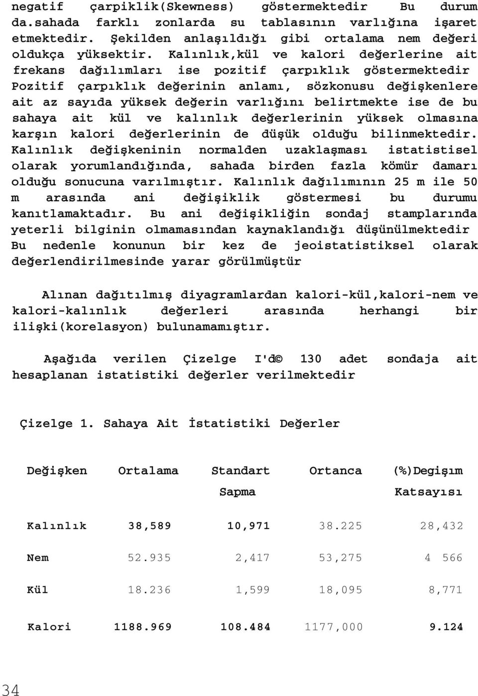 belirtmekte ise de bu sahaya ait kül ve kalınlık değerlerinin yüksek olmasına karşın kalori değerlerinin de düşük olduğu bilinmektedir.