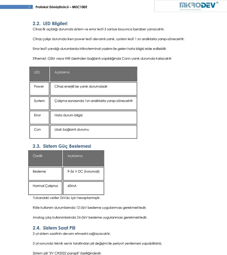Ethernet, GSM veya Wifi üzerinden bağlantı yapıldığında Conn yanık durumda kalacaktır LED Açıklama Power Cihaz enerjili ise yanık durumdadır System Çalışma esnasında 1sn aralıklarla yanıp-sönecektir