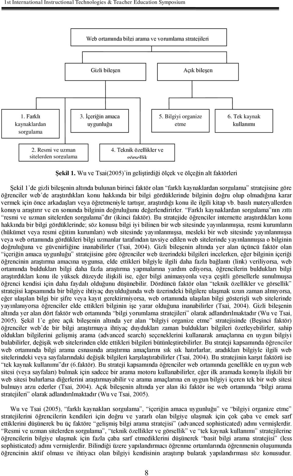 Wu ve Tsai(2005) in geliştirdiği ölçek ve ölçeğin alt faktörleri Şekil 1 de gizli bileşenin altında bulunan birinci faktör olan farklı kaynaklardan sorgulama stratejisine göre öğrenciler web de