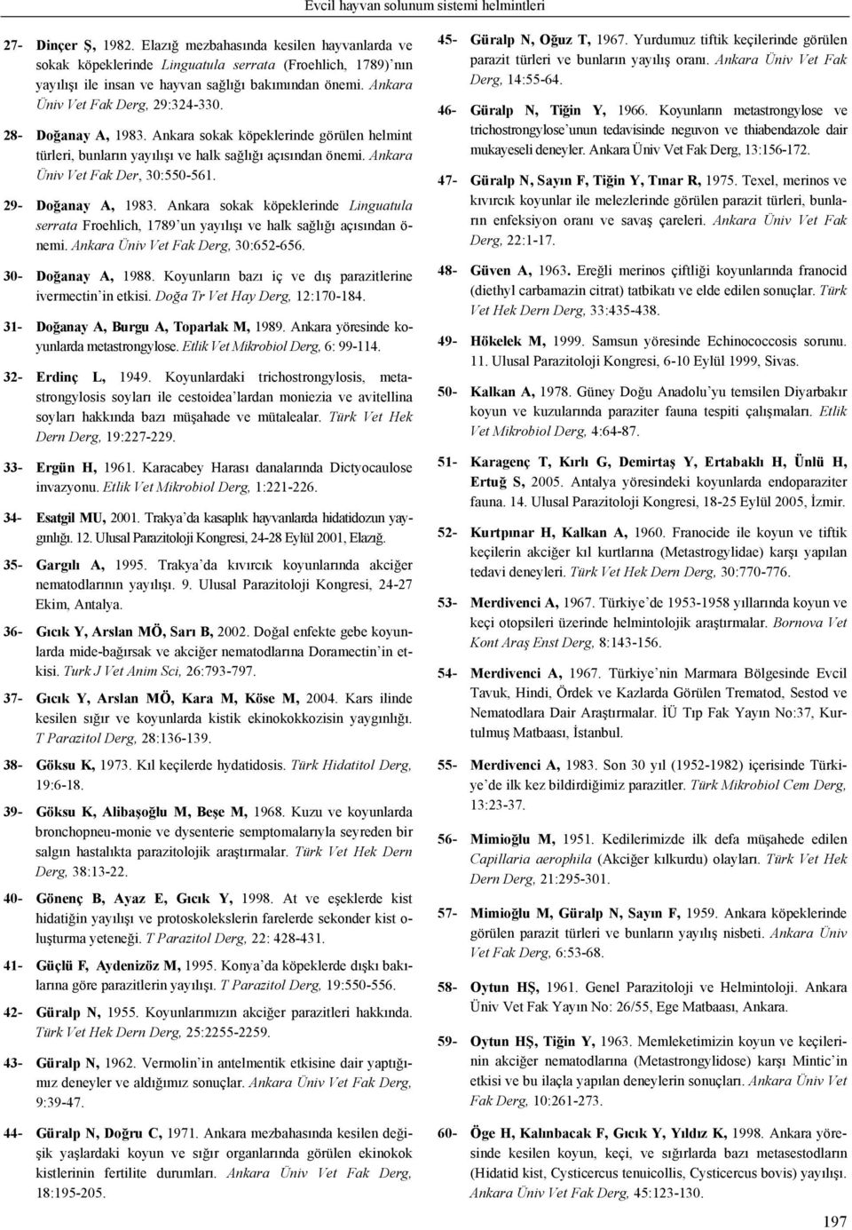 28- Doğanay A, 1983. Ankara sokak köpeklerinde görülen helmint türleri, bunların yayılışı ve halk sağlığı açısından önemi. Ankara Üniv Vet Fak Der, 30:550-561. 29- Doğanay A, 1983.