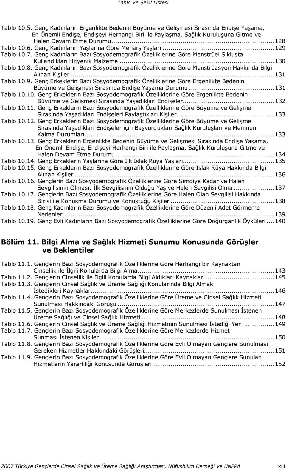 6. Genç Kadınların larına Göre Menarş ları... 129 Tablo 10.7. Genç Kadınların Bazı Sosyodemografik Özelliklerine Göre Menstrüel Siklusta Kullandıkları Hijyenik Malzeme... 130 Tablo 10.8.