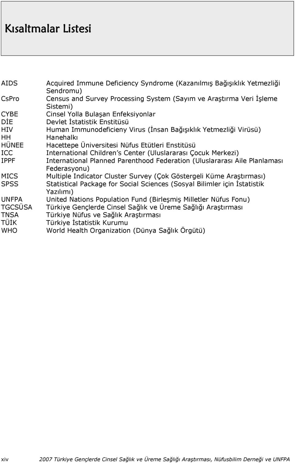 Hacettepe Üniversitesi Nüfus Etütleri Enstitüsü International Children s Center (Uluslararası Çocuk Merkezi) International Planned Parenthood Federation (Uluslararası Aile Planlaması Federasyonu)