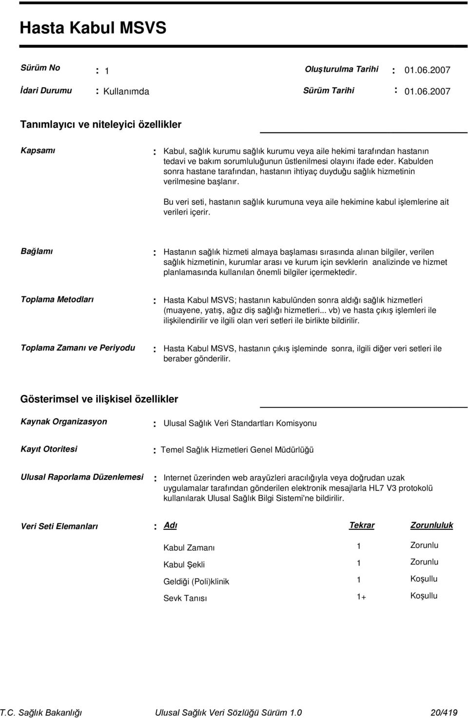 Hastanın salık hizmeti almaya balaması sırasında alınan bilgiler, verilen salık hizmetinin, kurumlar arası ve kurum için sevklerin analizinde ve hizmet planlamasında kullanılan önemli bilgiler