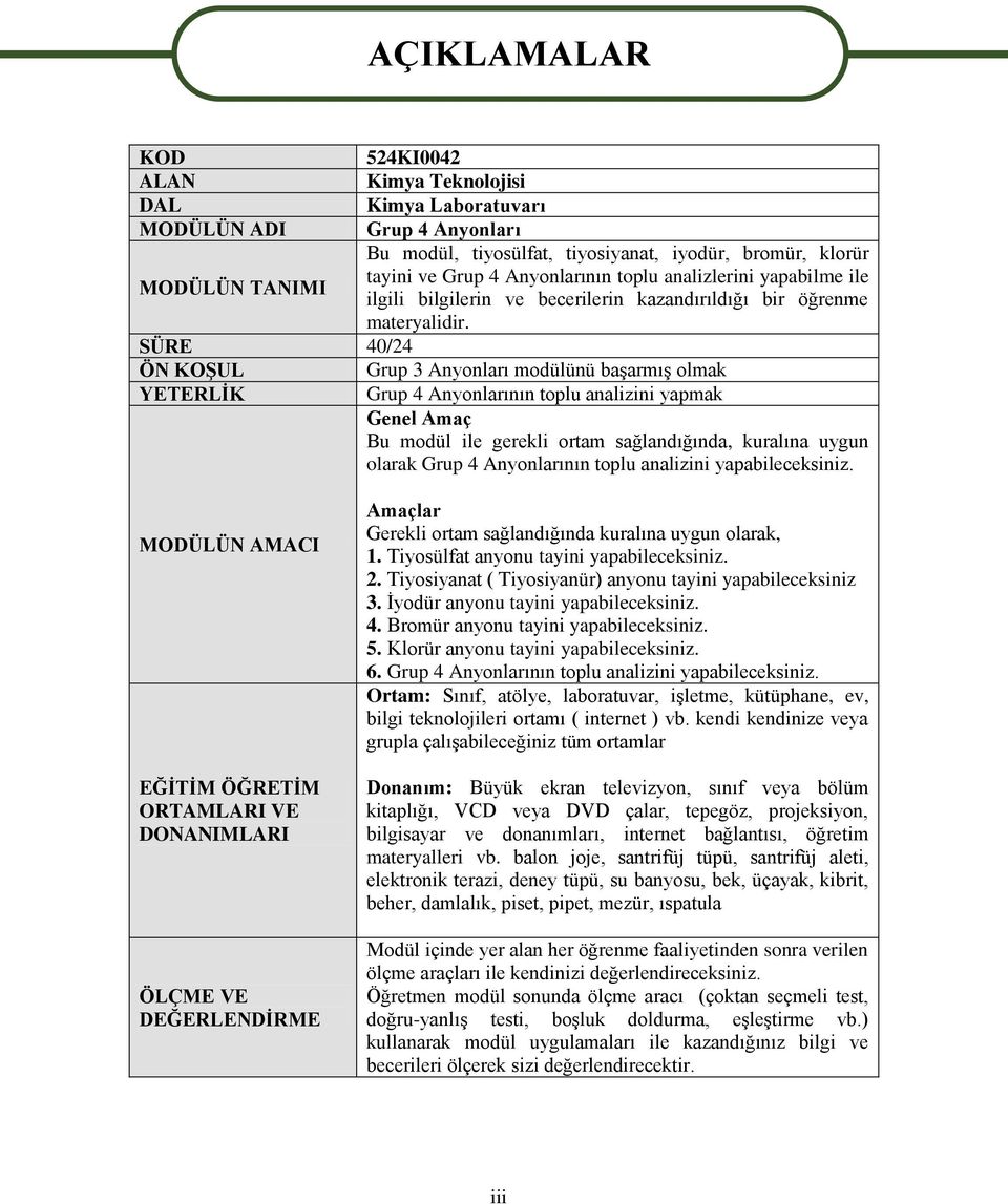 SÜRE 40/24 ÖN KOġUL Grup 3 Anyonları modülünü baģarmıģ olmak YETERLĠK Grup 4 Anyonlarının toplu analizini yapmak Genel Amaç Bu modül ile gerekli ortam sağlandığında, kuralına uygun olarak Grup 4