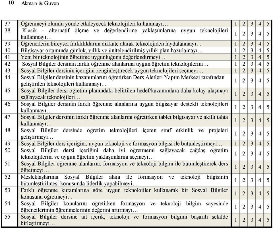 değerlendirmeyi 42 Sosyal Bilgiler dersinin farklı öğrenme alanlarına uygun öğretim teknolojilerini 43 Sosyal Bilgiler dersinin içeriğini zenginleştirecek uygun teknolojileri seçmeyi 44 Sosyal