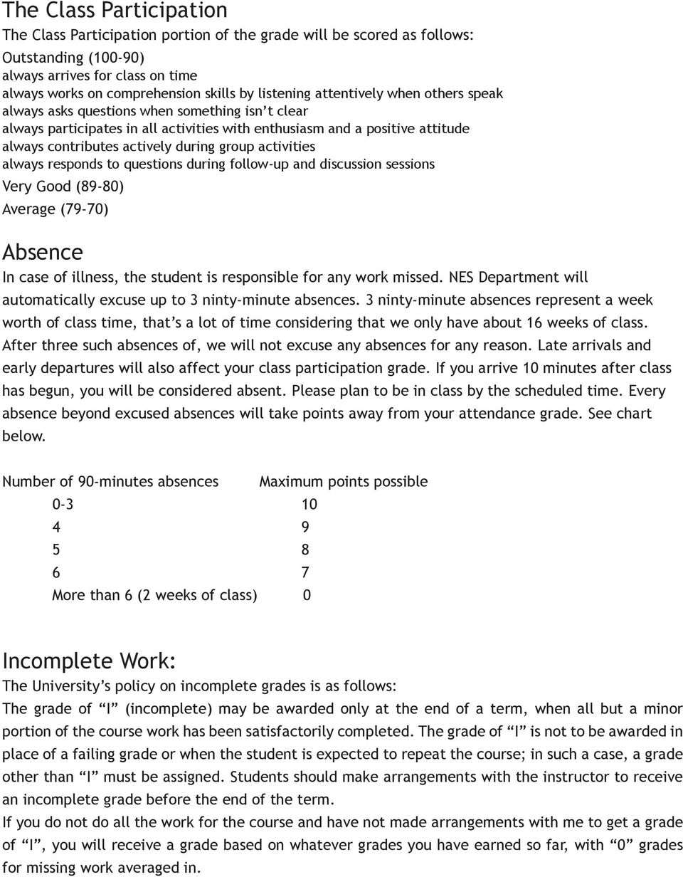 activities always responds to questions during follow-up and discussion sessions Very Good (89-80) Average (79-70) Absence In case of illness, the student is responsible for any work missed.