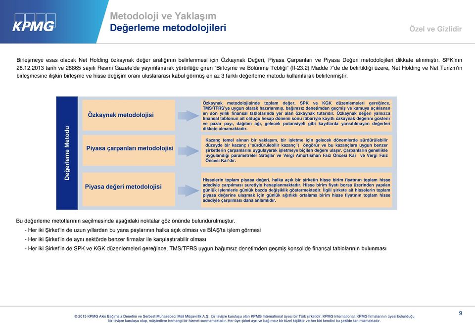 2) Madde 7 de de belirtildiği üzere, Net Holding ve Net Turizm'in birleşmesine ilişkin birleşme ve hisse değişim oranı uluslararası kabul görmüş en az 3 farklı değerleme metodu kullanılarak