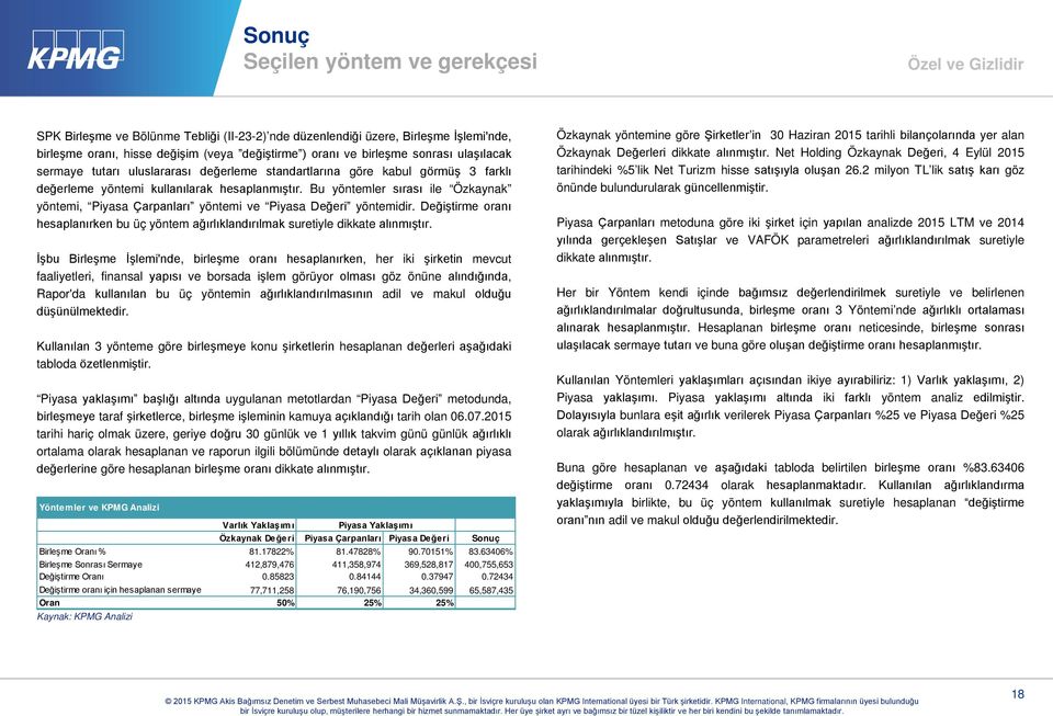 Bu yöntemler sırası ile Özkaynak yöntemi, Piyasa Çarpanları yöntemi ve Piyasa Değeri yöntemidir. Değiştirme oranı hesaplanırken bu üç yöntem ağırlıklandırılmak suretiyle dikkate alınmıştır.