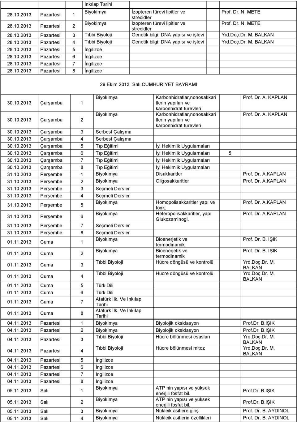 10.2013 Pazartesi 8 İngilizce 30.10.2013 Çarşamba 1 30.10.2013 Çarşamba 2 29 Ekim 2013 Salı CUMHURİYET BAYRAMI 30.10.2013 Çarşamba 3 Serbest Çalışma 30.10.2013 Çarşamba 4 Serbest Çalışma Karbonhidratlar,nonosakkari tlerin yapıları ve karbonhidrat türevleri Karbonhidratlar,nonosakkari tlerin yapıları ve karbonhidrat türevleri 30.