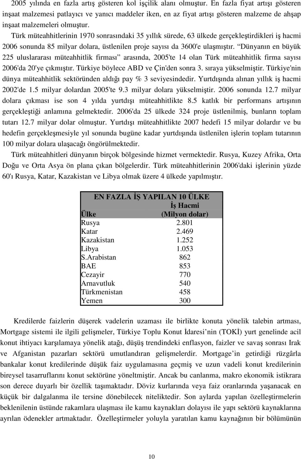 Türk müteahhitlerinin 1970 sonrasındaki 35 yıllık sürede, 63 ülkede gerçekleştirdikleri iş hacmi 2006 sonunda 85 milyar dolara, üstlenilen proje sayısı da 3600'e ulaşmıştır.