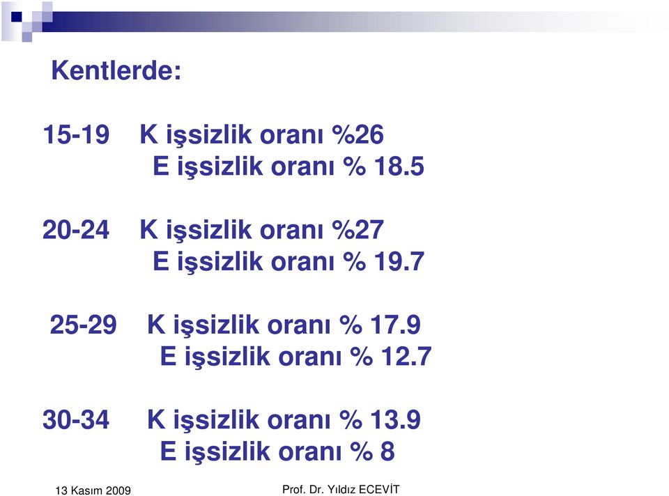 19.7 25-29 K işsizlik oranı % 17.