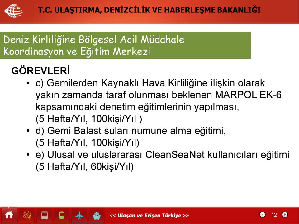 eğitimlerinin yapılması, (5 Hafta/Yıl, 100kişi/Yıl ) d) Gemi Balast suları numune alma eğitimi, (5