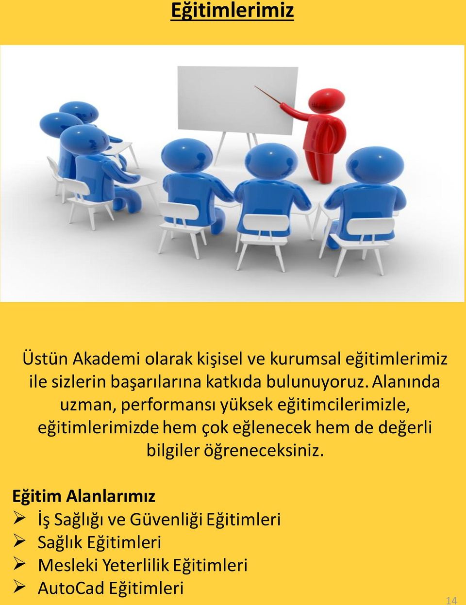 Alanında uzman, performansı yüksek eğitimcilerimizle, eğitimlerimizde hem çok eğlenecek hem