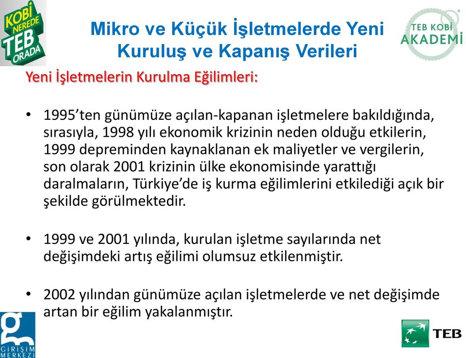 krizinin ülke ekonomisinde yarattığı daralmaların, Türkiye de iş kurma eğilimlerini etkilediği açık bir şekilde görülmektedir.