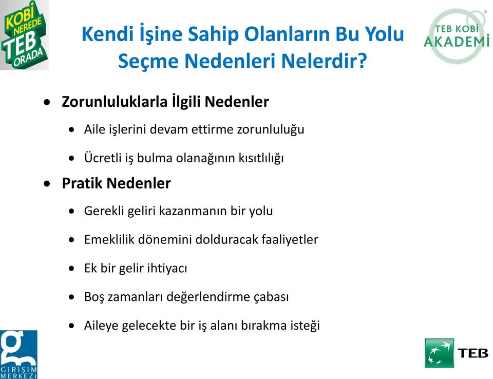 olanağının kısıtlılığı Pratik Nedenler Gerekli geliri kazanmanın bir yolu Emeklilik