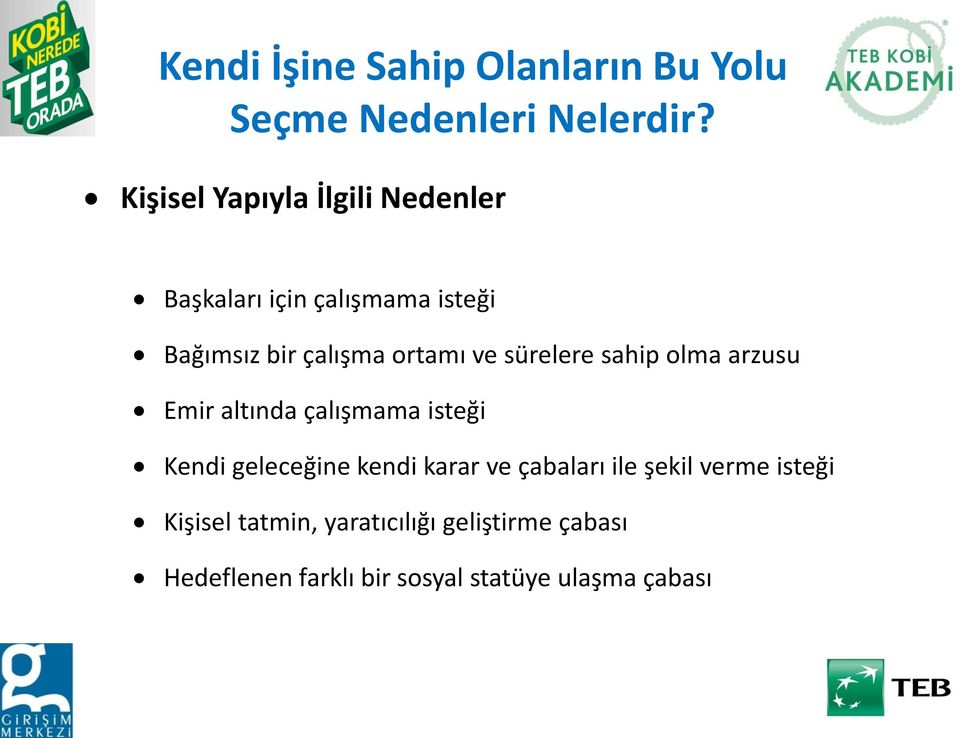 ve sürelere sahip olma arzusu Emir altında çalışmama isteği Kendi geleceğine kendi karar ve