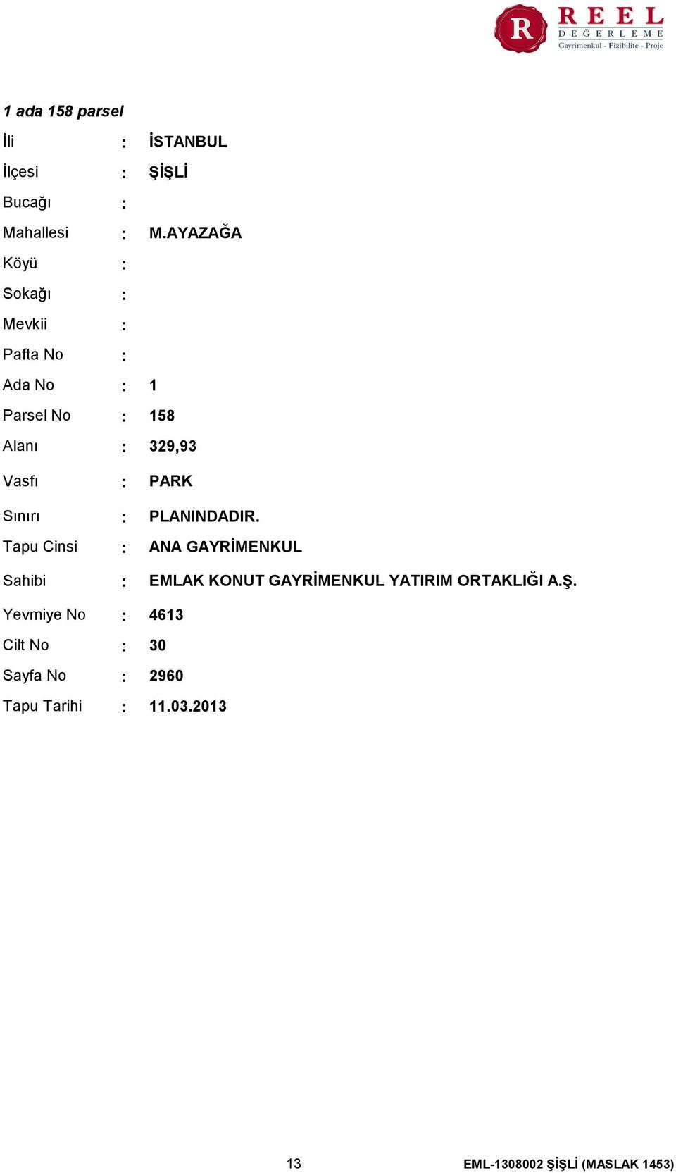 AYAZAĞA 1 158 329,93 Vasfı Sınırı Tapu Cinsi Sahibi PARK PLANINDADIR.