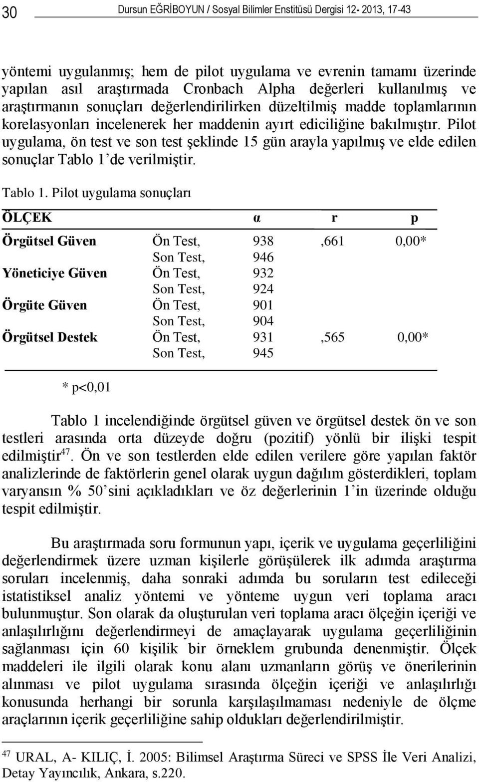 Pilot uygulama, ön test ve son test şeklinde 15 gün arayla yapılmış ve elde edilen sonuçlar Tablo 1 