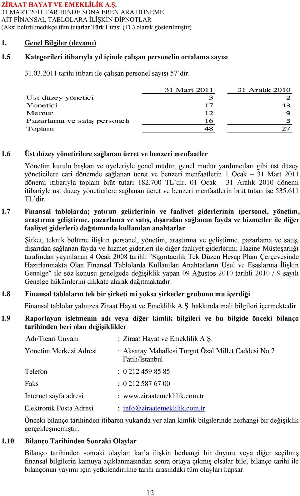 6 Üst düzey yöneticilere sağlanan ücret ve benzeri menfaatler Yönetim kurulu baģkan ve üyeleriyle genel müdür, genel müdür yardımcıları gibi üst düzey yöneticilere cari dönemde sağlanan ücret ve