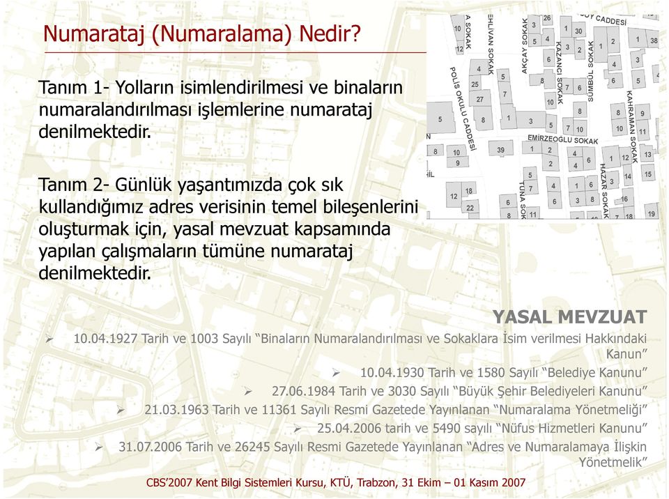 YASAL MEVZUAT 10.04.1927 Tarih ve 1003 Sayılı Binaların Numaralandırılması ve Sokaklara İsim verilmesi Hakkındaki Kanun 10.04.1930 Tarih ve 1580 Sayılı Belediye Kanunu 27.06.