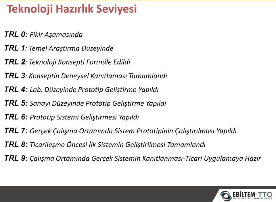 Düzeyinde Prototip Geliştirme Yapıldı TRL 5: Sanayi Düzeyinde Prototip Geliştirme Yapıldı TRL 6: Prototip Sistemi Geliştirmesi Yapıldı