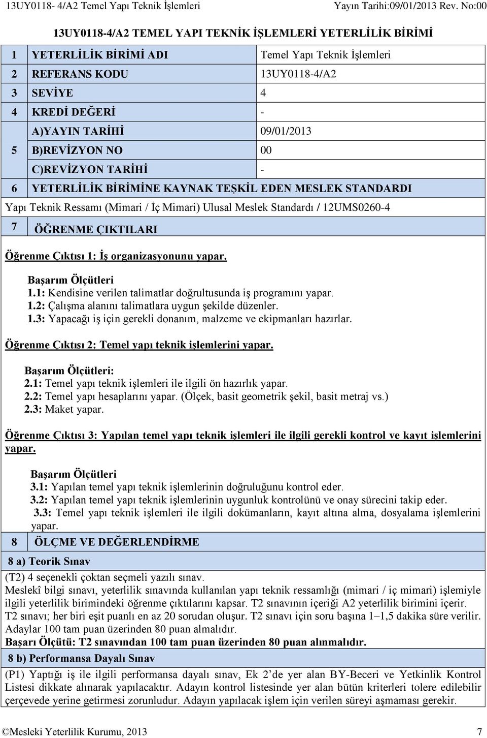 Standardı / 12UMS0260-4 7 ÖĞRENME ÇIKTILARI Öğrenme Çıktısı 1: İş organizasyonunu yapar. Başarım Ölçütleri 1.1: Kendisine verilen talimatlar doğrultusunda iş programını yapar. 1.2: Çalışma alanını talimatlara uygun şekilde düzenler.