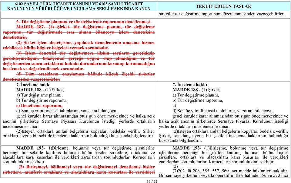 (3) İşlem denetçisi tür değiştirmeye ilişkin şartların gerçekleşip gerçekleşmediğini, bilançonun gerçeğe uygun olup olmadığını ve tür değiştirmeden sonra ortakların hukuki durumlarının korunup