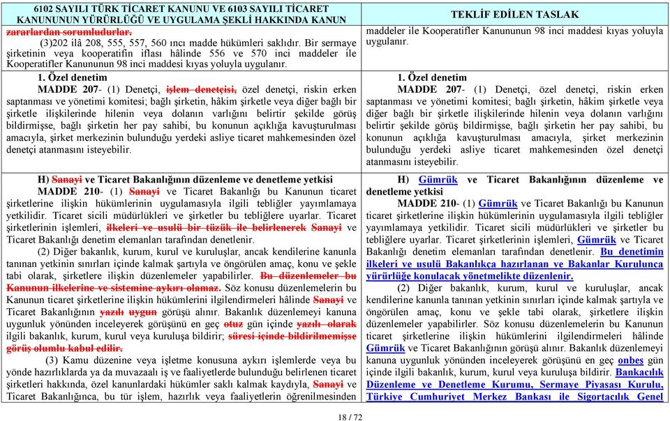 Özel denetim MADDE 207- (1) Denetçi, işlem denetçisi, özel denetçi, riskin erken saptanması ve yönetimi komitesi; bağlı şirketin, hâkim şirketle veya diğer bağlı bir şirketle ilişkilerinde hilenin