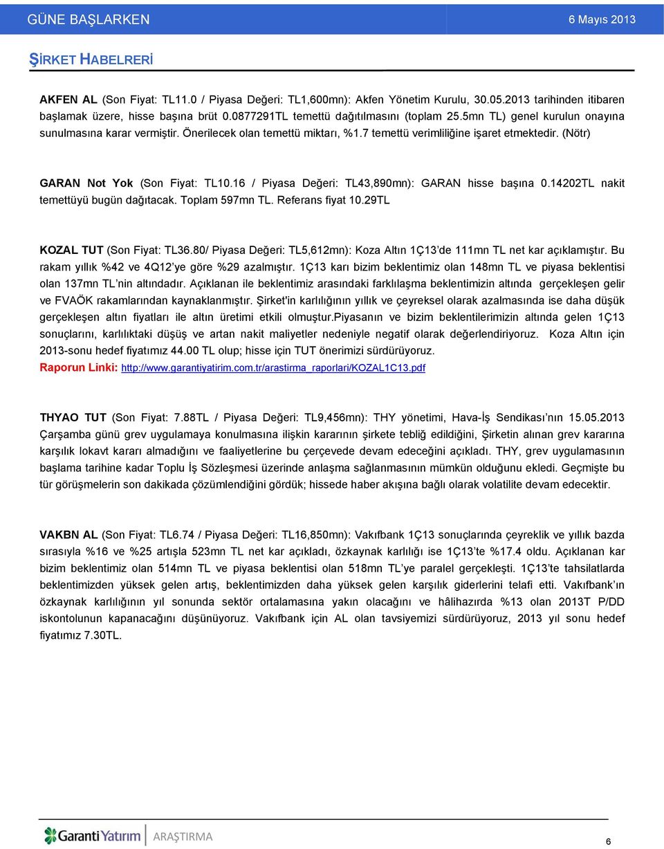 (Nötr) GARAN Not Yok (Son Fiyat: TL10.16 / Piyasa Değeri: TL43,890mn): GARAN hisse başına 0.14202TL nakit temettüyü bugün dağıtacak. Toplam 597mn TL. Referans fiyat 10.29TL KOZAL TUT (Son Fiyat: TL36.