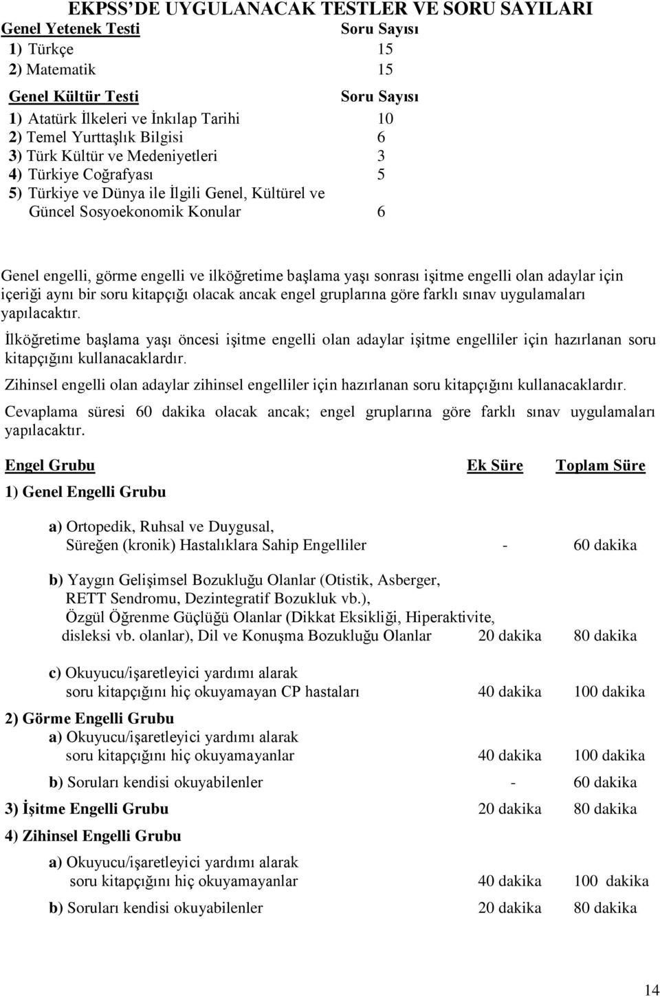 başlama yaşı sonrası işitme engelli olan adaylar için içeriği aynı bir soru kitapçığı olacak ancak engel gruplarına göre farklı sınav uygulamaları yapılacaktır.