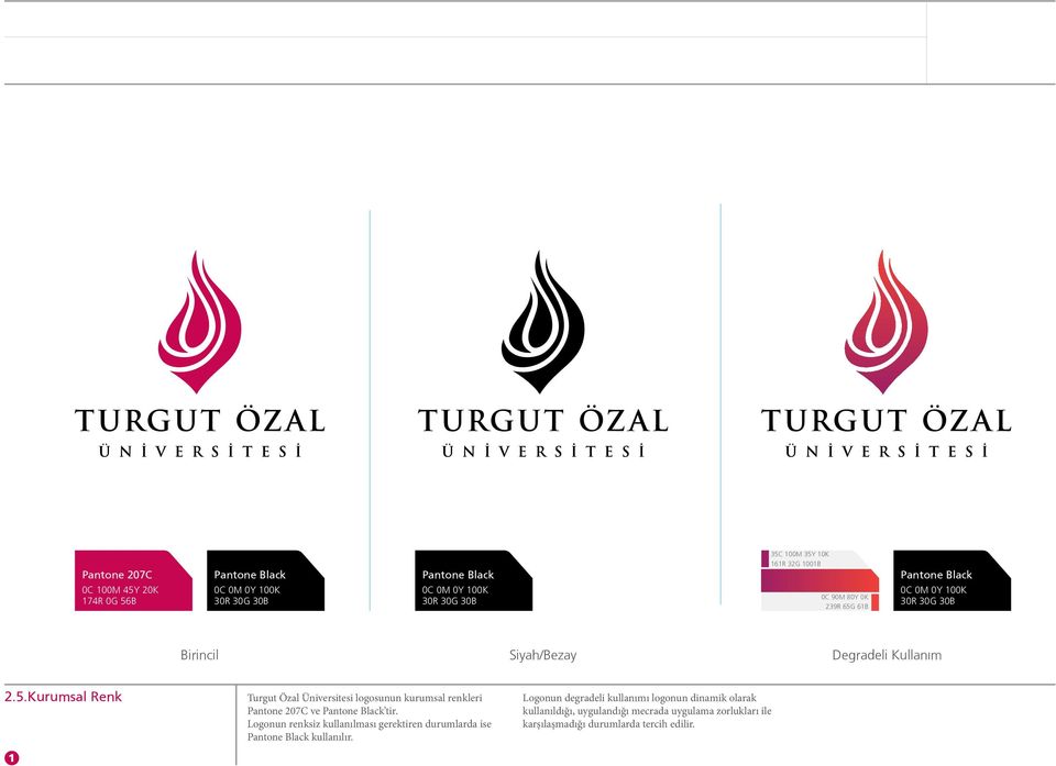 Kurumsal Renk 1 Turgut Özal Üniversitesi logosunun kurumsal renkleri Pantone 207C ve Pantone Black tir.