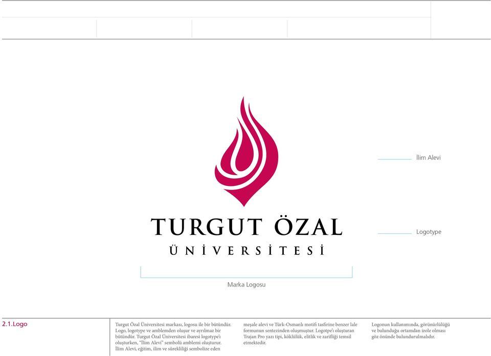 Turgut Özal Üniversitesi ibaresi logotype ı oluşturken, İlim Alevi sembolü amblemi oluşturur.
