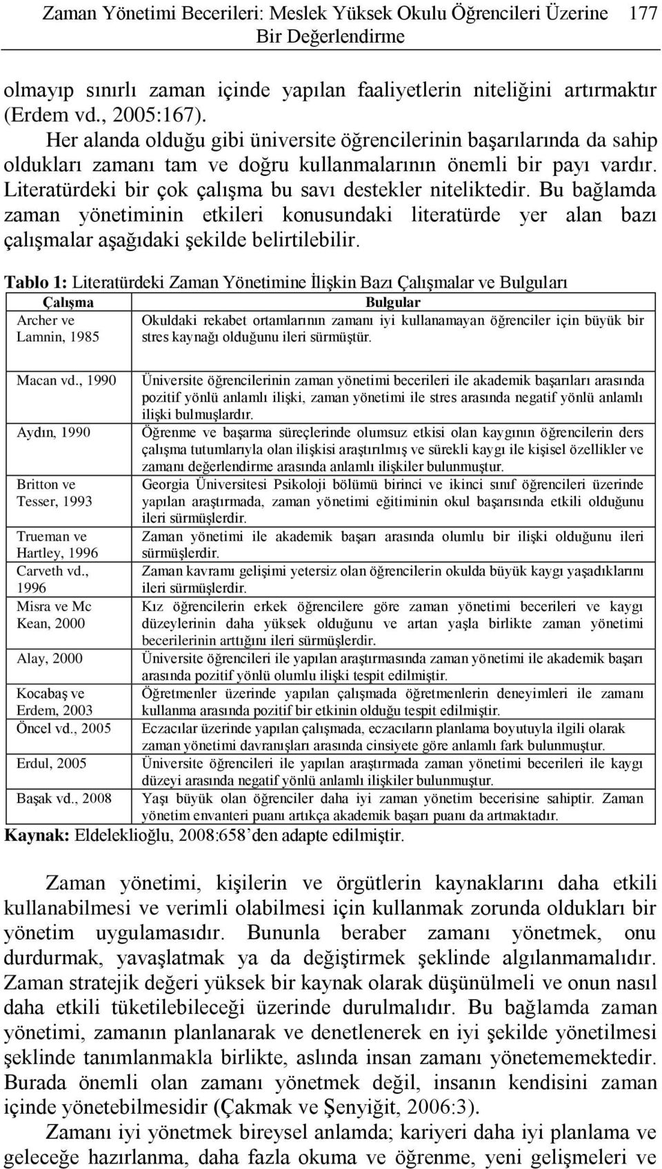 Literatürdeki bir çok çalışma bu savı destekler niteliktedir. Bu bağlamda zaman yönetiminin etkileri konusundaki literatürde yer alan bazı çalışmalar aşağıdaki şekilde belirtilebilir.